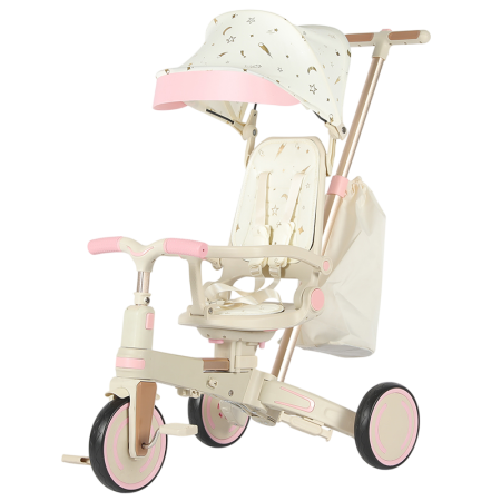 Produse in stoc - Tricicleta multifunctionala Kinderplay Baby 4-in-1, pentru copii de la 1 la 3 ani, pliabila si reglabila, roti moi, centura de siguranta, maner detasabil, roz