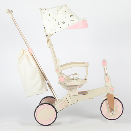Tricicleta multifunctionala Kinderplay Baby 4-in-1, pentru copii de la 1 la 3 ani, pliabila si reglabila, roti moi, centura de siguranta, maner detasabil, roz [17]
