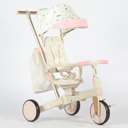 Tricicleta multifunctionala Kinderplay Baby 4-in-1, pentru copii de la 1 la 3 ani, pliabila si reglabila, roti moi, centura de siguranta, maner detasabil, roz [16]