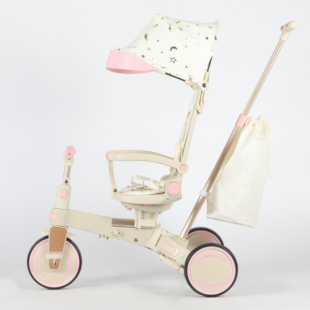 Tricicleta multifunctionala Kinderplay Baby 4-in-1, pentru copii de la 1 la 3 ani, pliabila si reglabila, roti moi, centura de siguranta, maner detasabil, roz [20]