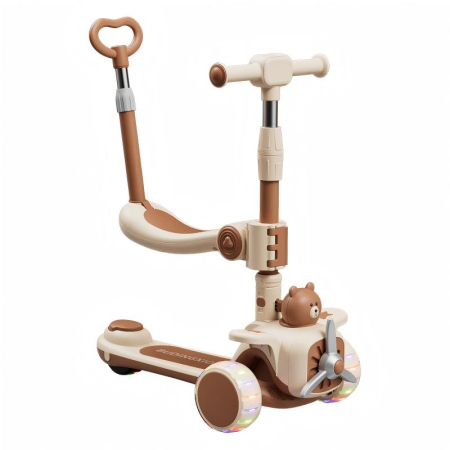 Trotinete & biciclete - Trotineta 3 in 1 pentru copii 2-5 ani, Kinderplay Teddy, pliabila si ajustabila,  lumini LED si sunete interactive, roti moi,  coffee