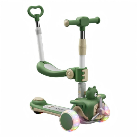 Trotinete & biciclete - Trotineta 3 in 1 pentru copii 2-5 ani, Kinderplay Teddy, pliabila si ajustabila,  lumini LED si sunete interactive, roti moi,  verde