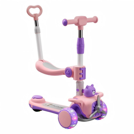 Trotinete & biciclete - Trotineta 3 in 1 pentru copii 2-5 ani, Kinderplay Teddy, pliabila si ajustabila,  lumini LED si sunete interactive, roti moi, roz