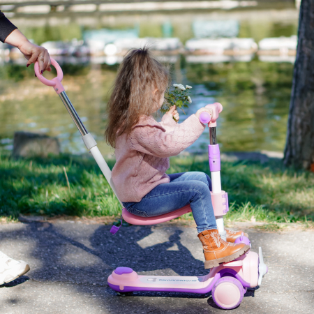 Trotineta 3 in 1 pentru copii 2-5 ani, Kinderplay Teddy, pliabila si ajustabila,  lumini LED si sunete interactive, roti moi, roz [2]