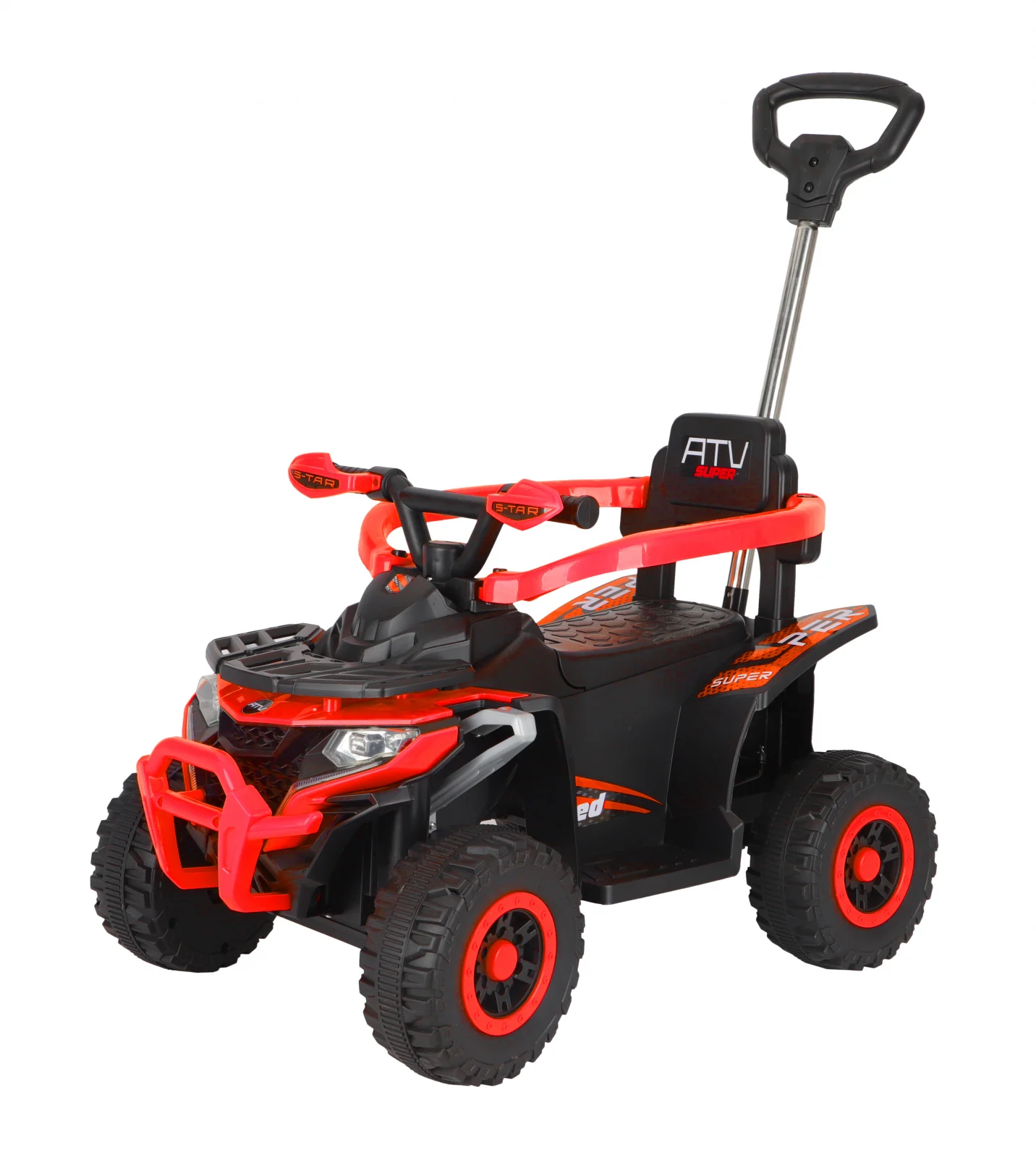 ATV electric Kinderplay Hercules cu maner, pentru copii 1-3 ani, roti moi, scaun tapitat, telecomanda control parental, rosu