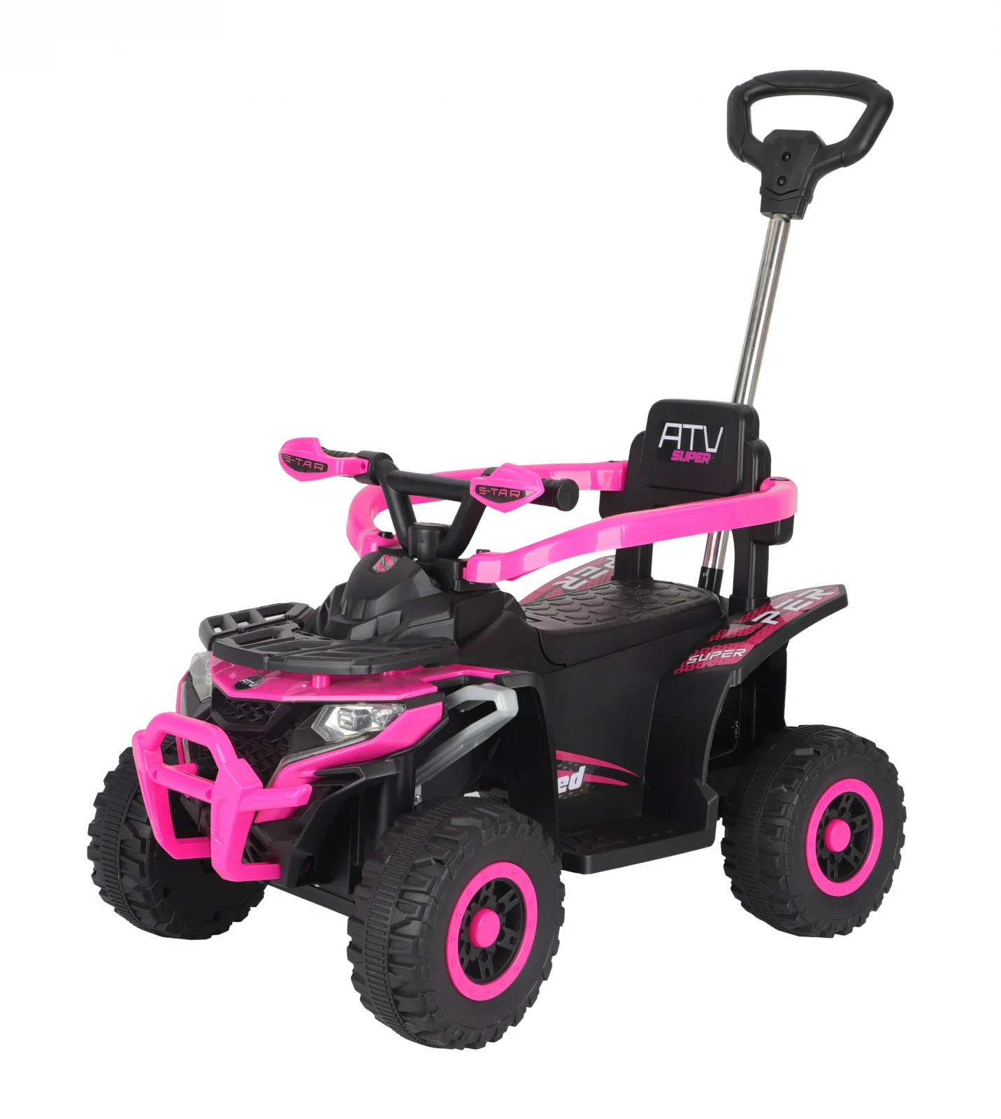 ATV electric Kinderplay Hercules cu maner, pentru fetite 1-3 ani, roti moi, scaun tapitat, telecomanda control parental, roz