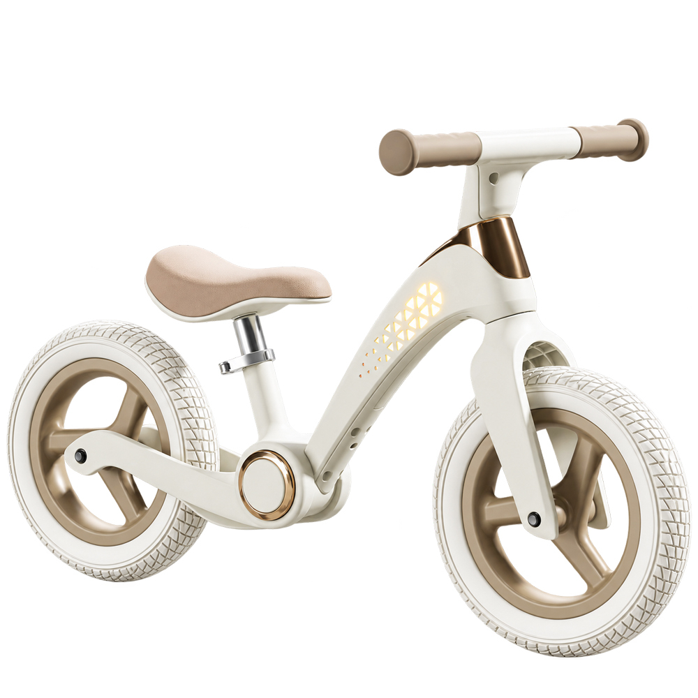 Bicicleta fara pedale pentru copii, Kinderplay Balance Bike, cu lumini LED pliabila, roti gonflabile 12 inch, alb-bej