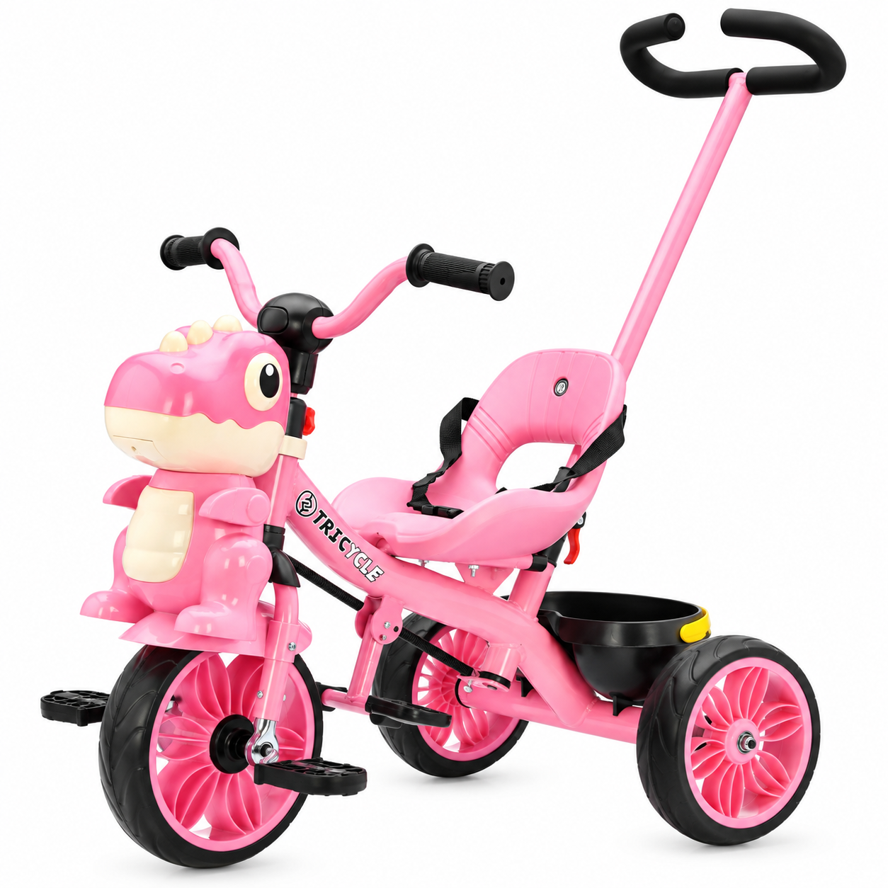 Tricicleta cu maner Kinderplay Dino 3 in 1 copii 1-4 ani, roti EVA, pedale, centura, compartiment depozitare, roz