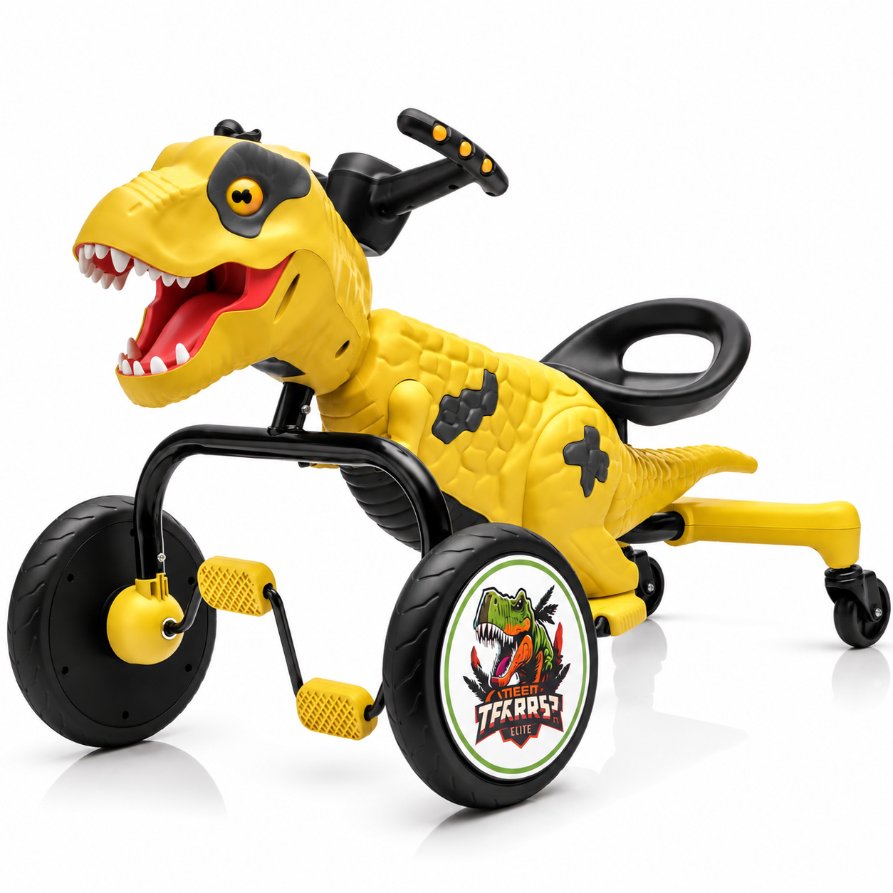 Tricicleta cu pedale Kinderplay T-Rex drift 360, pentru copii 3-6 ani, scaun ergonomic, galbena