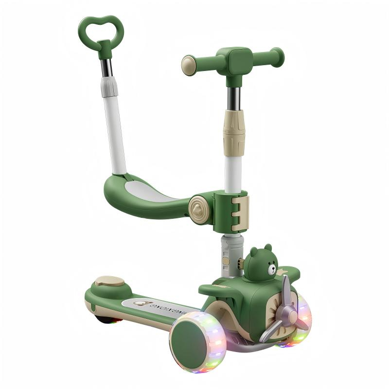 Trotineta 3 in 1 pentru copii 2-5 ani, Kinderplay Teddy, pliabila si ajustabila,  lumini LED si sunete interactive, roti moi,  verde