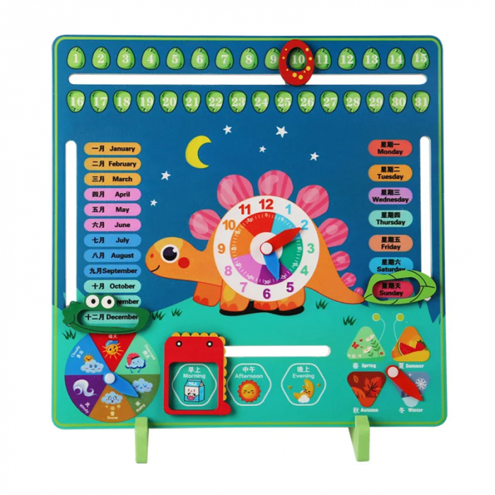Calendar Educativ din Lemn cu Dinozaur - Invatarea Timpului, Zilelor si Sezoanelor pentru Copii [1]