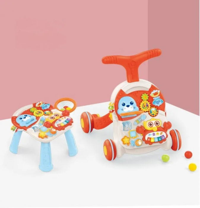 Antepremergator Interactiv 2-in-1 cu Animalute si Centru de Activitati, Rosu [1]