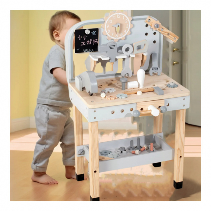 Banc de scule din lemn pentru copii - Set de joaca interactiv, Gri, 77 cm [8]