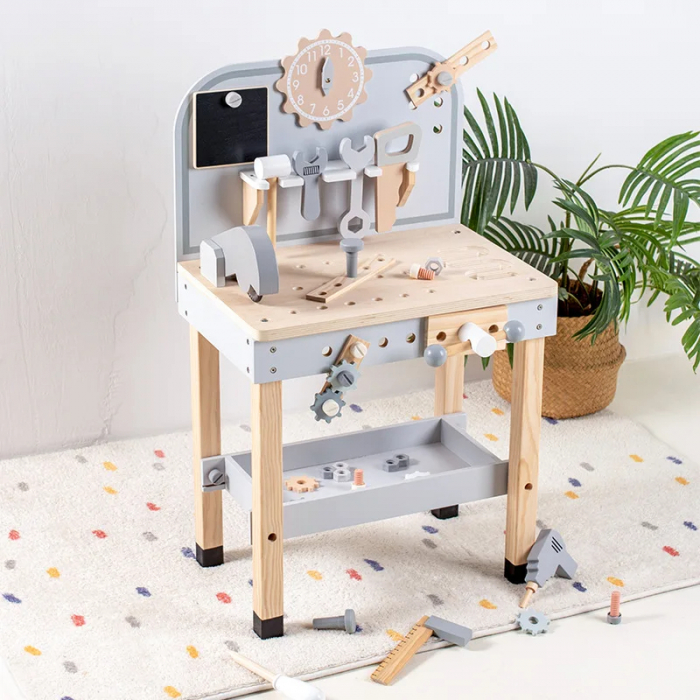 Banc de scule din lemn pentru copii - Set de joaca interactiv, Gri, 77 cm [1]