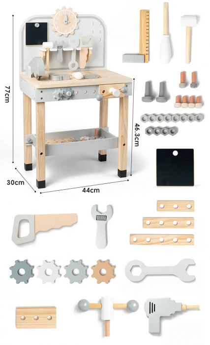 Banc de scule din lemn pentru copii - Set de joaca interactiv, Gri, 77 cm [7]