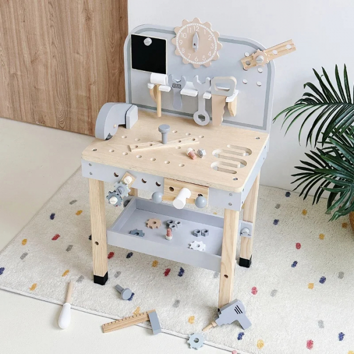 Banc de scule din lemn pentru copii - Set de joaca interactiv, Gri, 77 cm [5]
