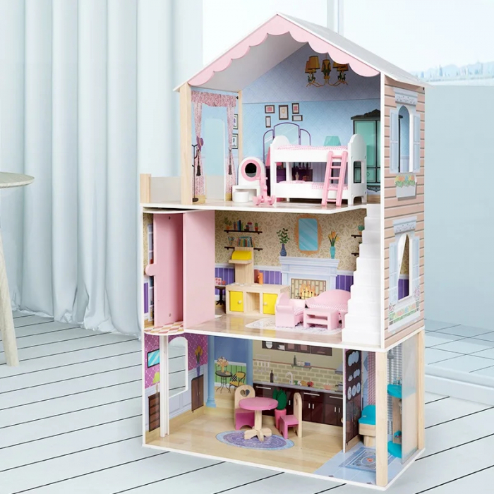 Casa de Papusi din Lemn cu Trei Nivele, Mobilier si Detalii Realiste [4]