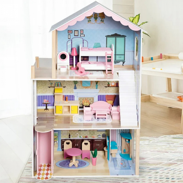 Casa de Papusi din Lemn cu Trei Nivele, Mobilier si Detalii Realiste [3]