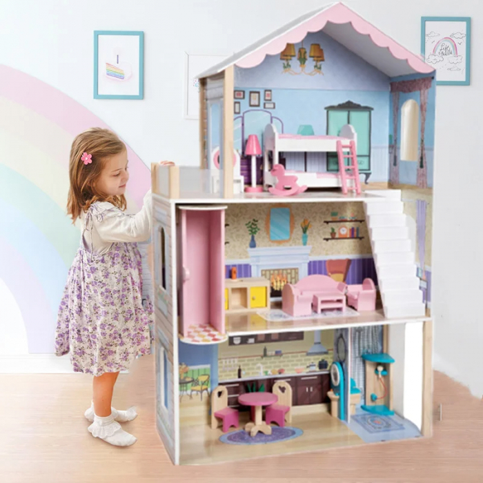 Casa de Papusi din Lemn cu Trei Nivele, Mobilier si Detalii Realiste [1]