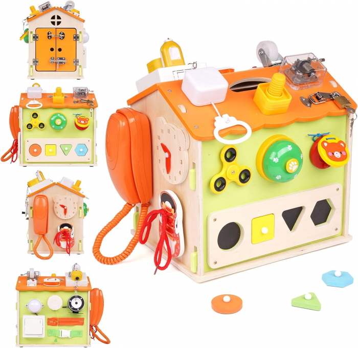 Casuta Busy Board Montessori - Jucarie Educativa Multifunctionala din Lemn cu 20 Activitati [4]