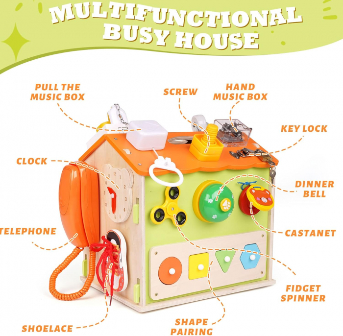 Casuta Busy Board Montessori - Jucarie Educativa Multifunctionala din Lemn cu 20 Activitati [3]