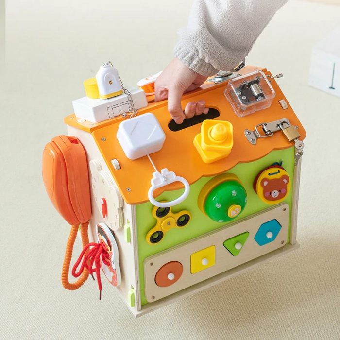Casuta Busy Board Montessori - Jucarie Educativa Multifunctionala din Lemn cu 20 Activitati [5]