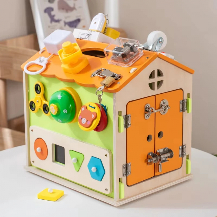 Casuta Busy Board Montessori - Jucarie Educativa Multifunctionala din Lemn cu 20 Activitati [7]