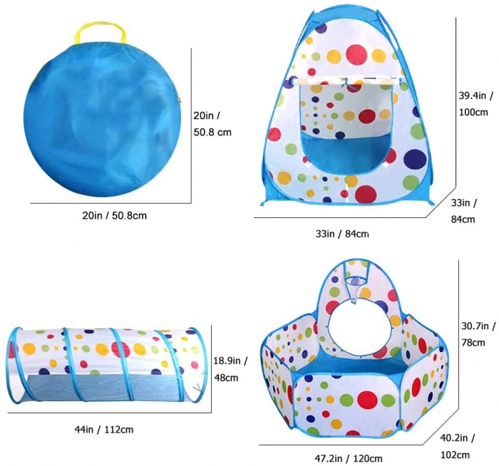 Cort de joaca cu tunel si piscina pentru copii 3 in 1 albastru [2]
