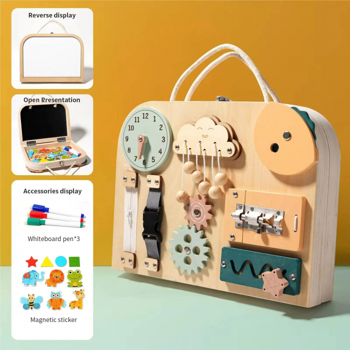 Geanta Busy Board Multifunctionala din Lemn cu Tablita Magnetica, Ceas, Roti Dintate, Catarame, Fermoare, Snururi [1]
