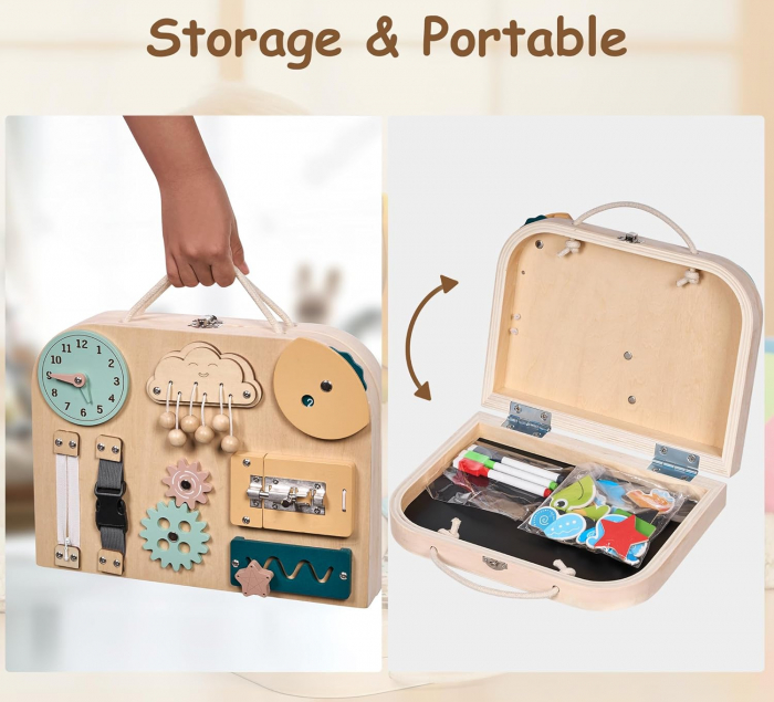 Geanta Busy Board Multifunctionala din Lemn cu Tablita Magnetica, Ceas, Roti Dintate, Catarame, Fermoare, Snururi [4]