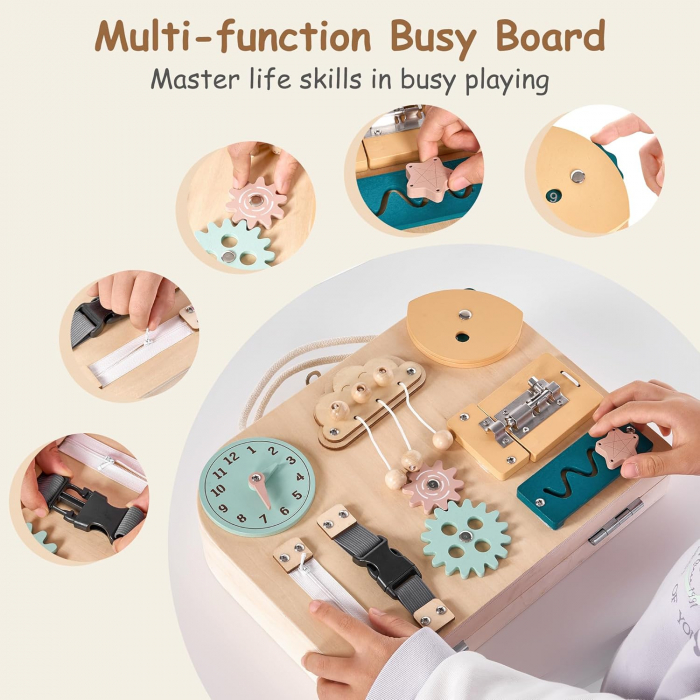 Geanta Busy Board Multifunctionala din Lemn cu Tablita Magnetica, Ceas, Roti Dintate, Catarame, Fermoare, Snururi [5]