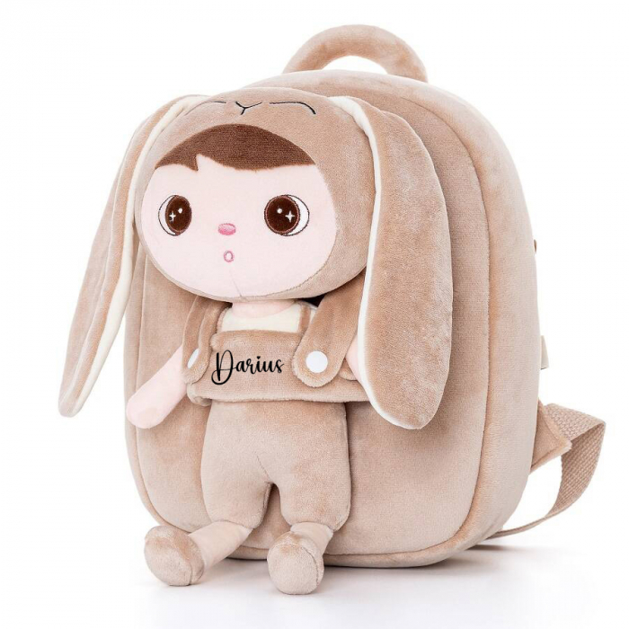 Ghiozdan baietei cu papusa detasabila, iepuras bej, personalizat [2]