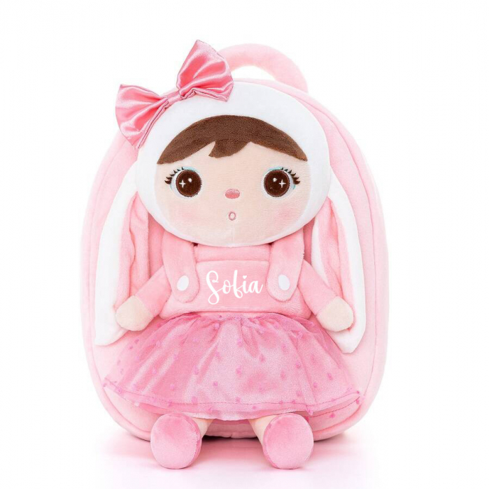 Ghiozdan cu papusa detasabila, iepuras cu fundita, personalizat [2]