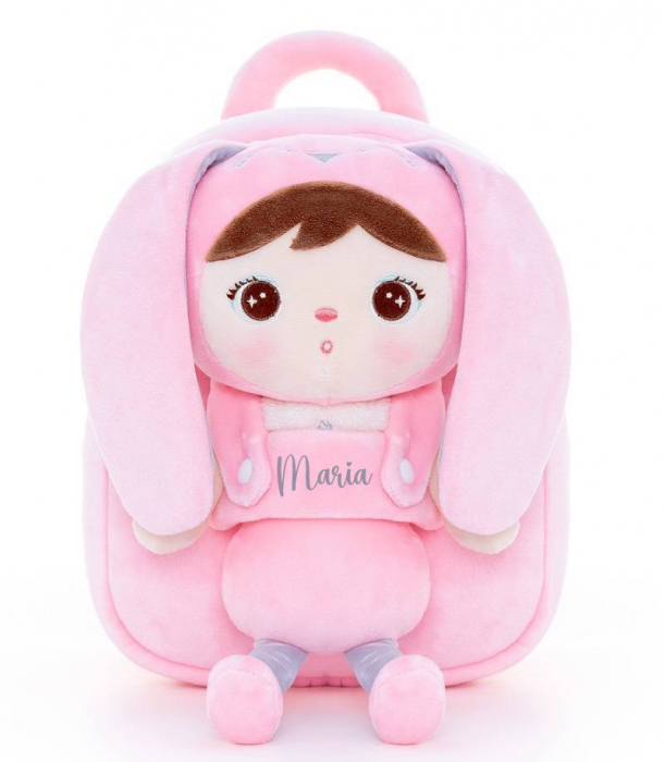 Ghiozdan fetite cu papusa detasabila, iepuras roz/gri, personalizat [2]