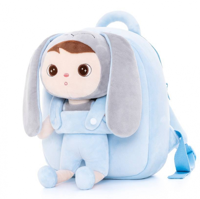 Ghiozdan baietei cu papusa detasabila, iepuras bleu, personalizat [3]