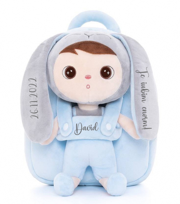 Ghiozdan baietei cu papusa detasabila, iepuras bleu, personalizat [1]
