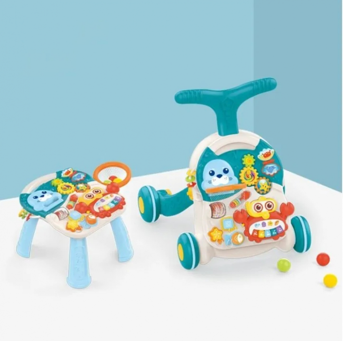 Antepremergator Interactiv 2-in-1 cu Animalute si Centru de Activitati, Bleu [1]