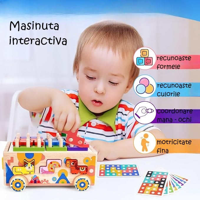 Masinuta Montessori din Lemn - Joc Educativ cu Forme, Culori si Animale [2]