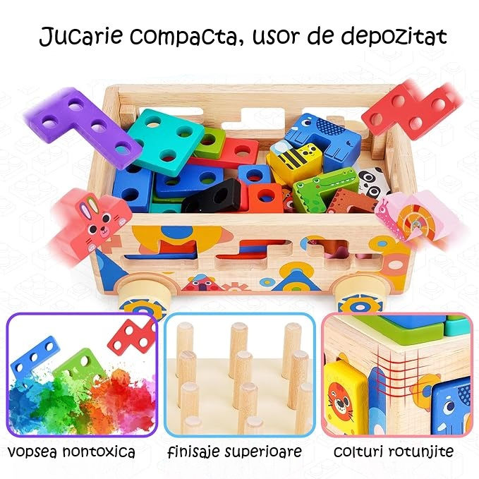 Masinuta Montessori din Lemn - Joc Educativ cu Forme, Culori si Animale [4]