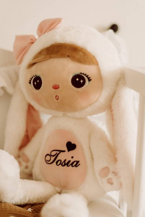 Papusa iepuras cu funda, alb/roz, personalizata cu nume [6]