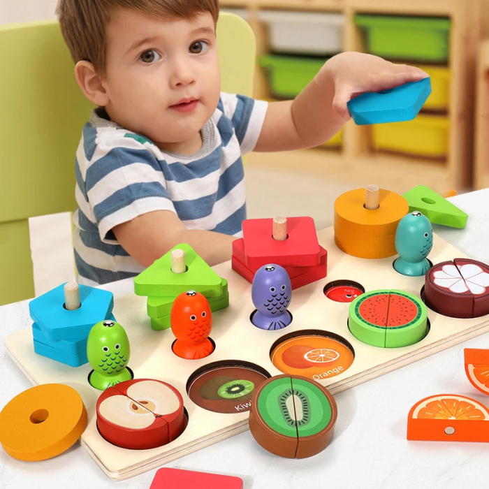 Puzzle din lemn cu fructe si forme geometrice [3]