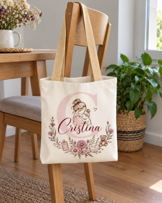 Sacosa Tote personalizata cu initiala si nume – Model Mama & Bebe Floral [2]