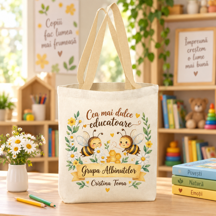Set cadou personalizat pentru educatoare – Cana, sacosa si portfard, Grupa Albinutelor [3]