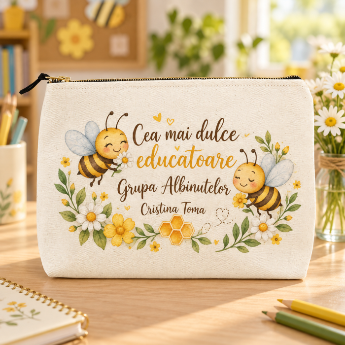 Set cadou personalizat pentru educatoare – Cana, sacosa si portfard, Grupa Albinutelor [2]