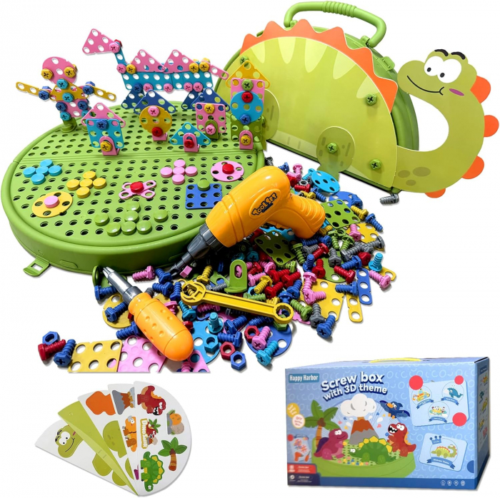 Set constructie 3D copii cu surubelnita electrica si cutie depozitare tip dinozaur – 211 piese [1]
