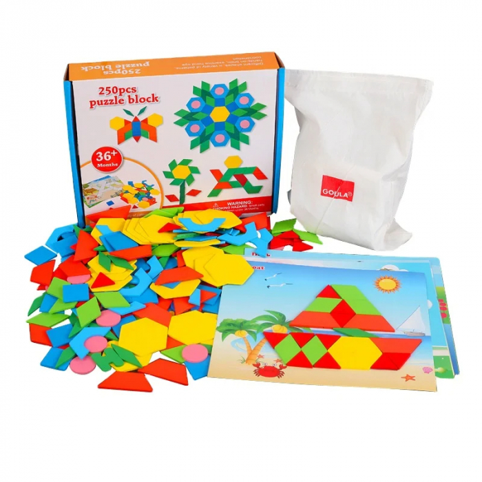 Set Educativ Puzzle din Lemn tip Tangram - Forme Geometrice si Creativitate, 250 Piese [1]