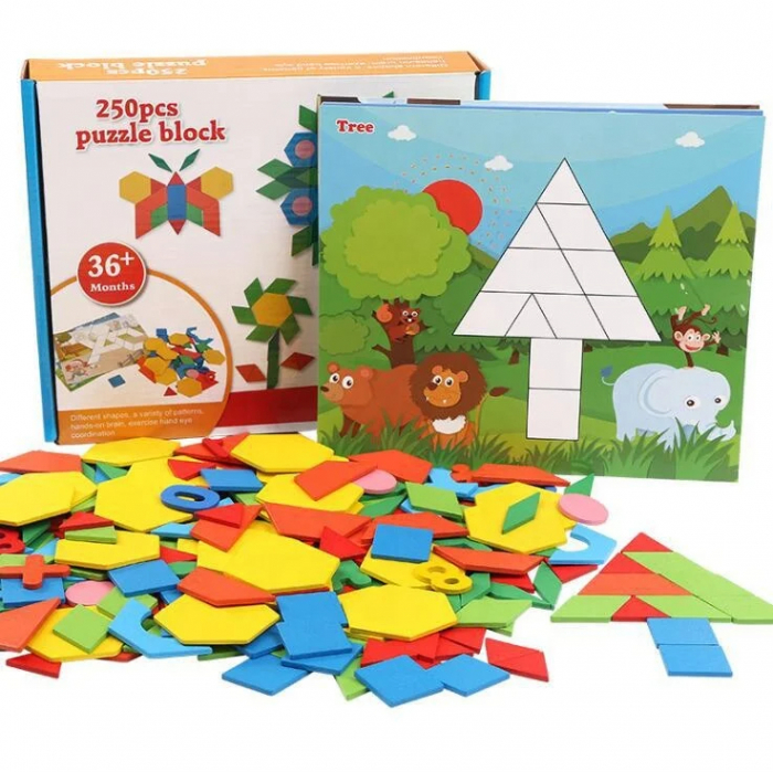 Set Educativ Puzzle din Lemn tip Tangram - Forme Geometrice si Creativitate, 250 Piese [7]