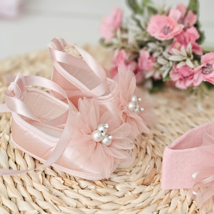 Set Pantofi botez pentru fetite Roz Pudra + Bentita [2]