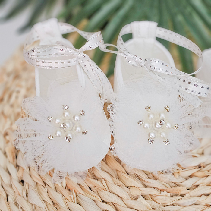 Set Pantofi botez pentru fetite Alb + Bentita [4]