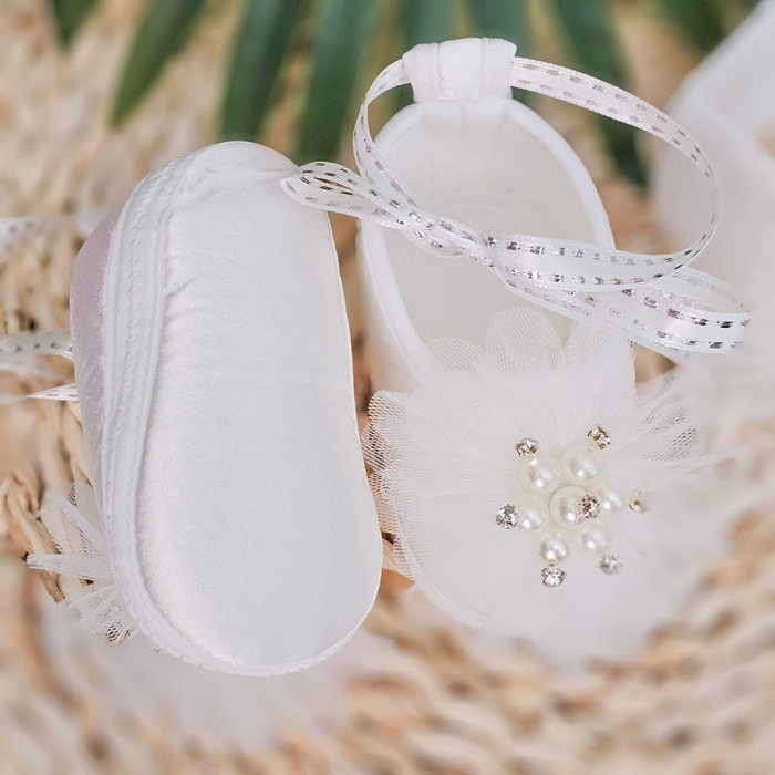 Set Pantofi botez pentru fetite Alb + Bentita [5]